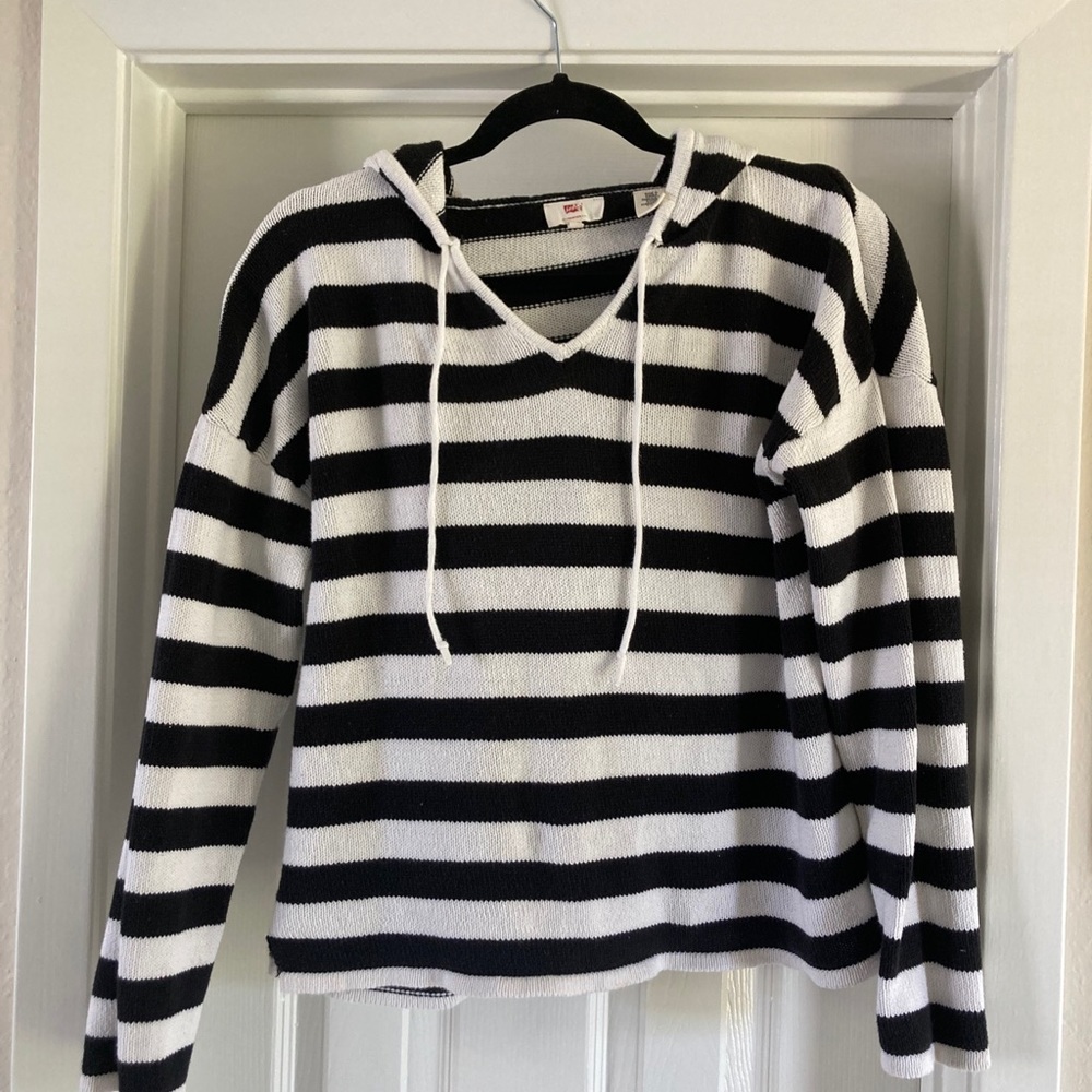 Levi’s Women's Striped Crochet Sweater Hoodie - Black & White - Size M